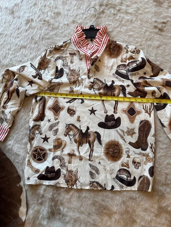 Western Print Long-Sleeve Shirt in Cream and Brown - Picture 6 of 7